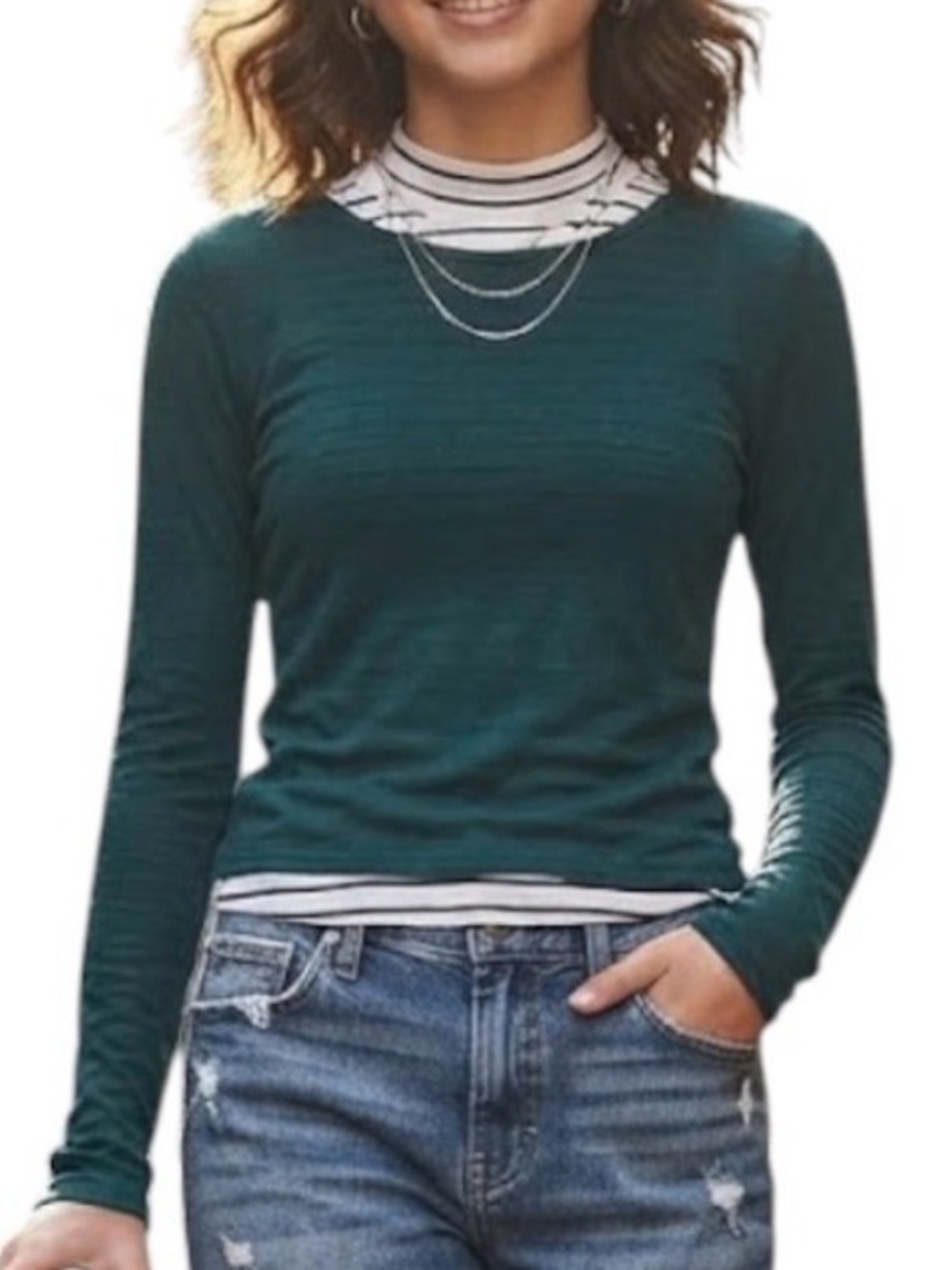 SILVER JEANS Y2K Girls Striped 2-in-1 Long Sleeve Tee Twist Back Green Size 14